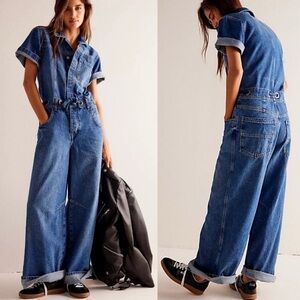 NEW Free People We the Free Edison Wide Leg Overalls Denim Jumpsuit Cape Blue s